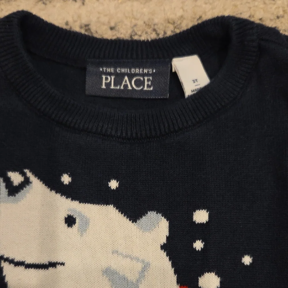 Children's Place Navy Polar Bear Sweater with Red Scarf 3T